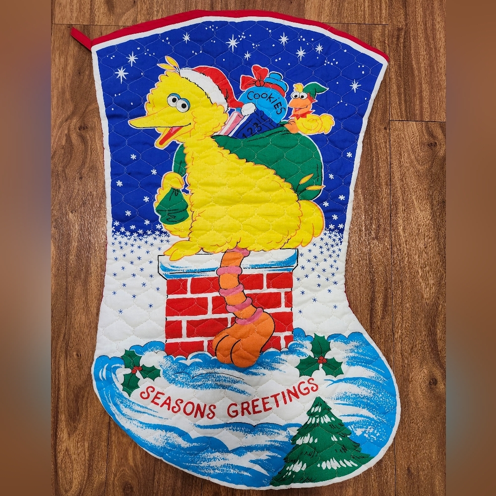 Vintage Sesame Street BIG Bird Santa Jumbo Stocking double sided 30x19 i…